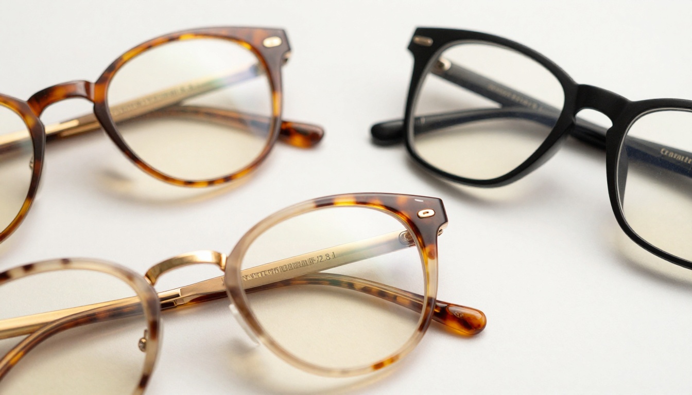 Close-up macro shot of premium tortoiseshell and gold eyeglass frames on white surface