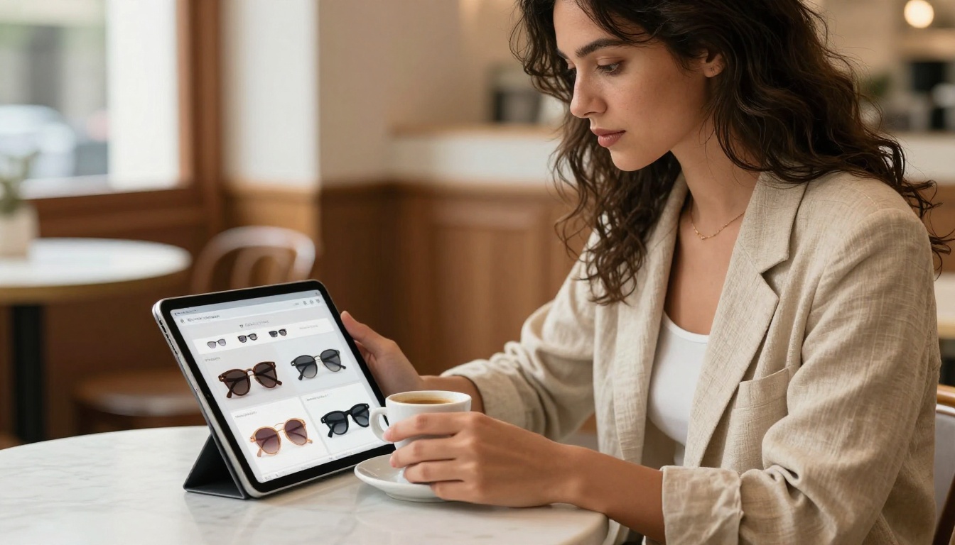 Woman browsing eyewear digital catalog on iPad at a cafe