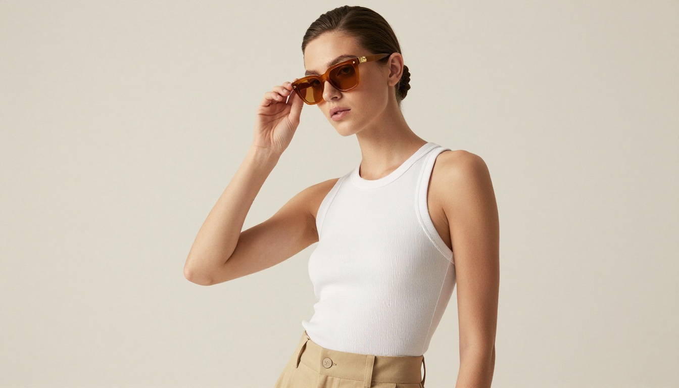 Fashion editorial of woman wearing oversized amber sunglasses in minimalist cream studio setting