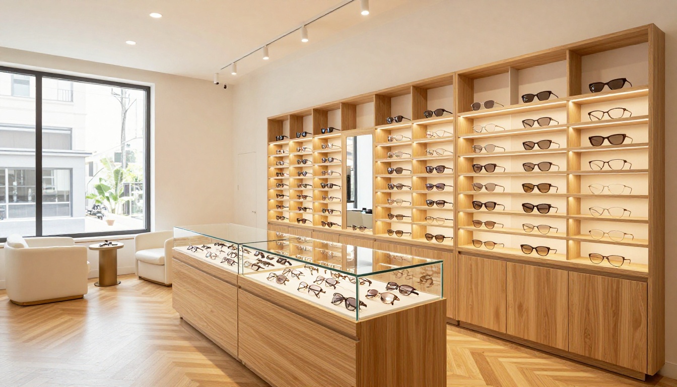 Luxury optical boutique interior with pale oak shelving displaying eyeglass frames in warm morning light