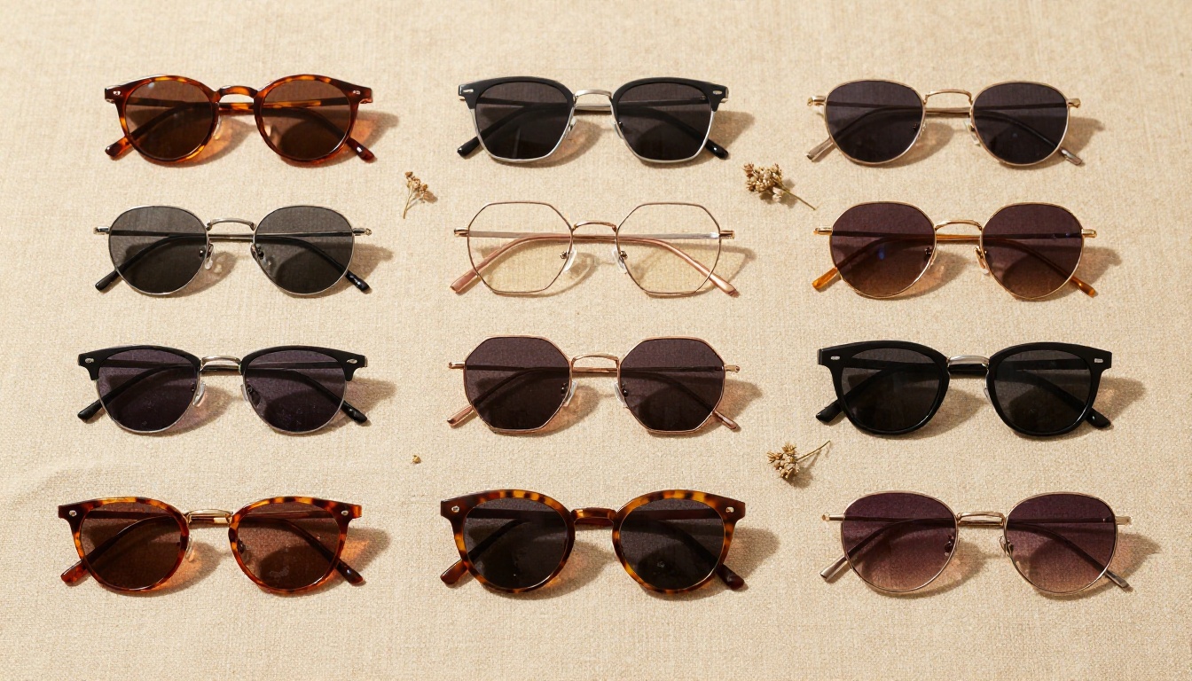 Flat lay aerial view of fifteen designer eyeglass and sunglass frames arranged on warm linen surface