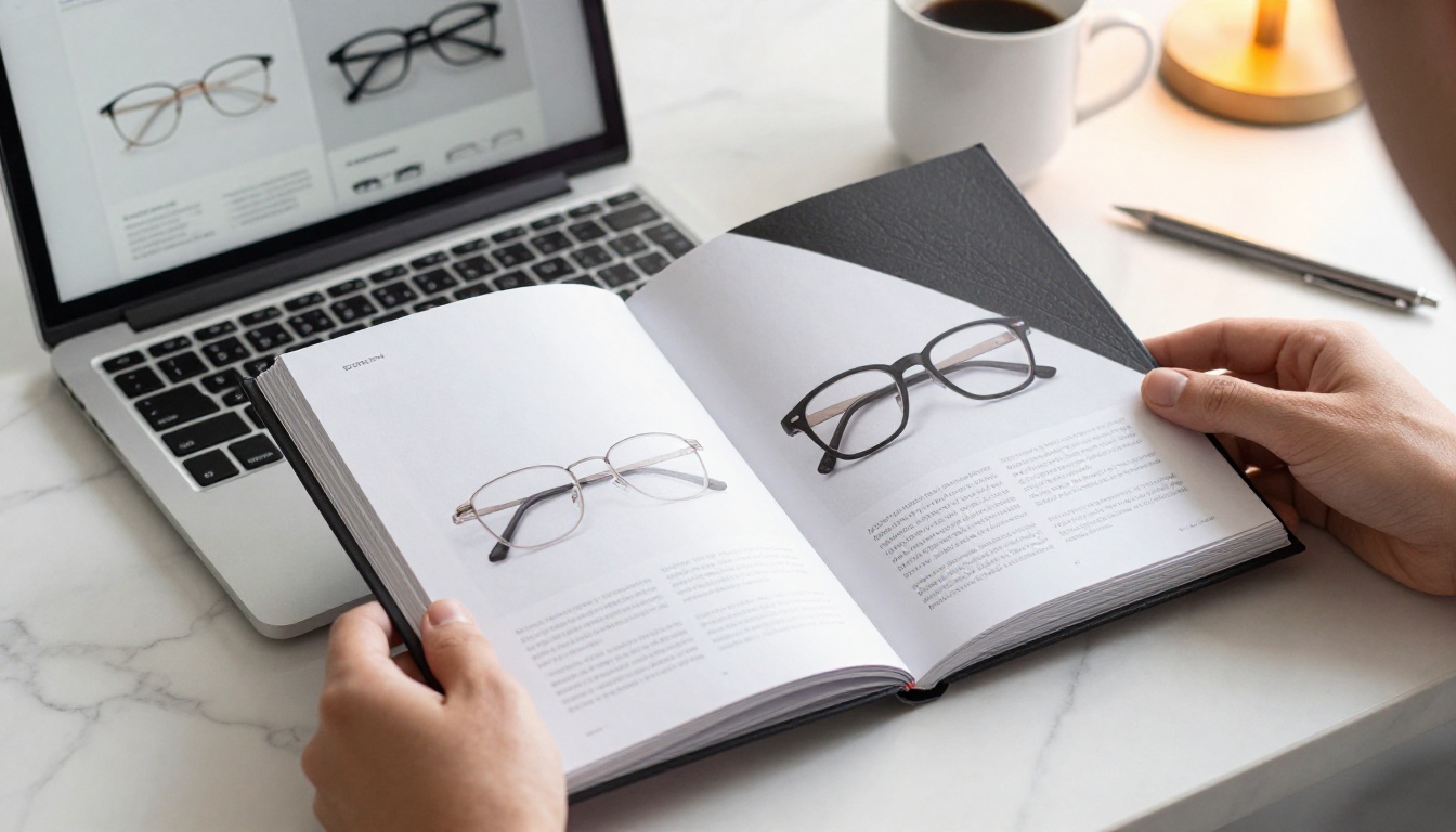 Hands holding open eyewear product catalog on marble desk alongside laptop showing digital flipbook