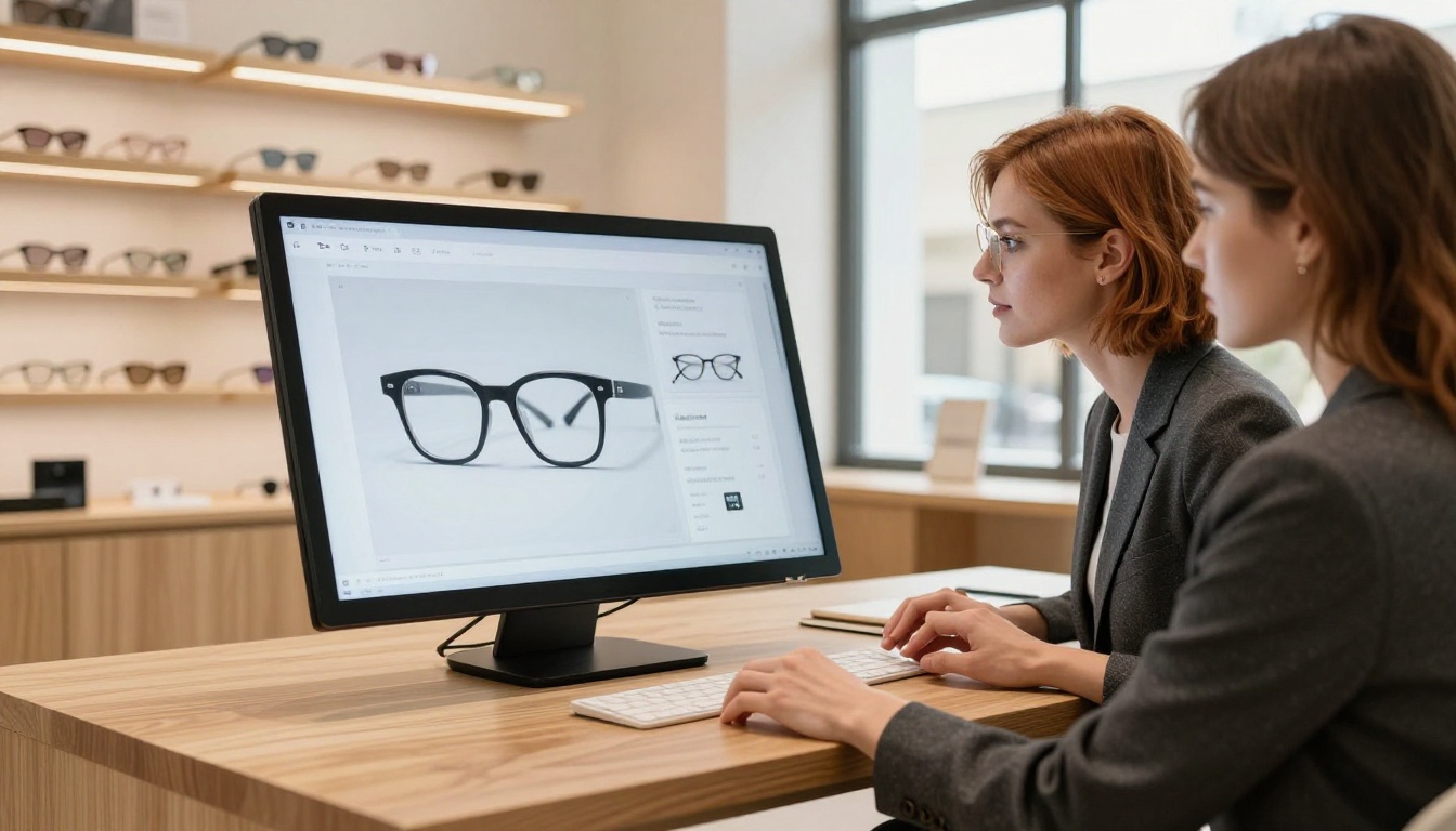 Optical boutique sales professional showing eyewear interactive flipbook on large screen to an interested customer
