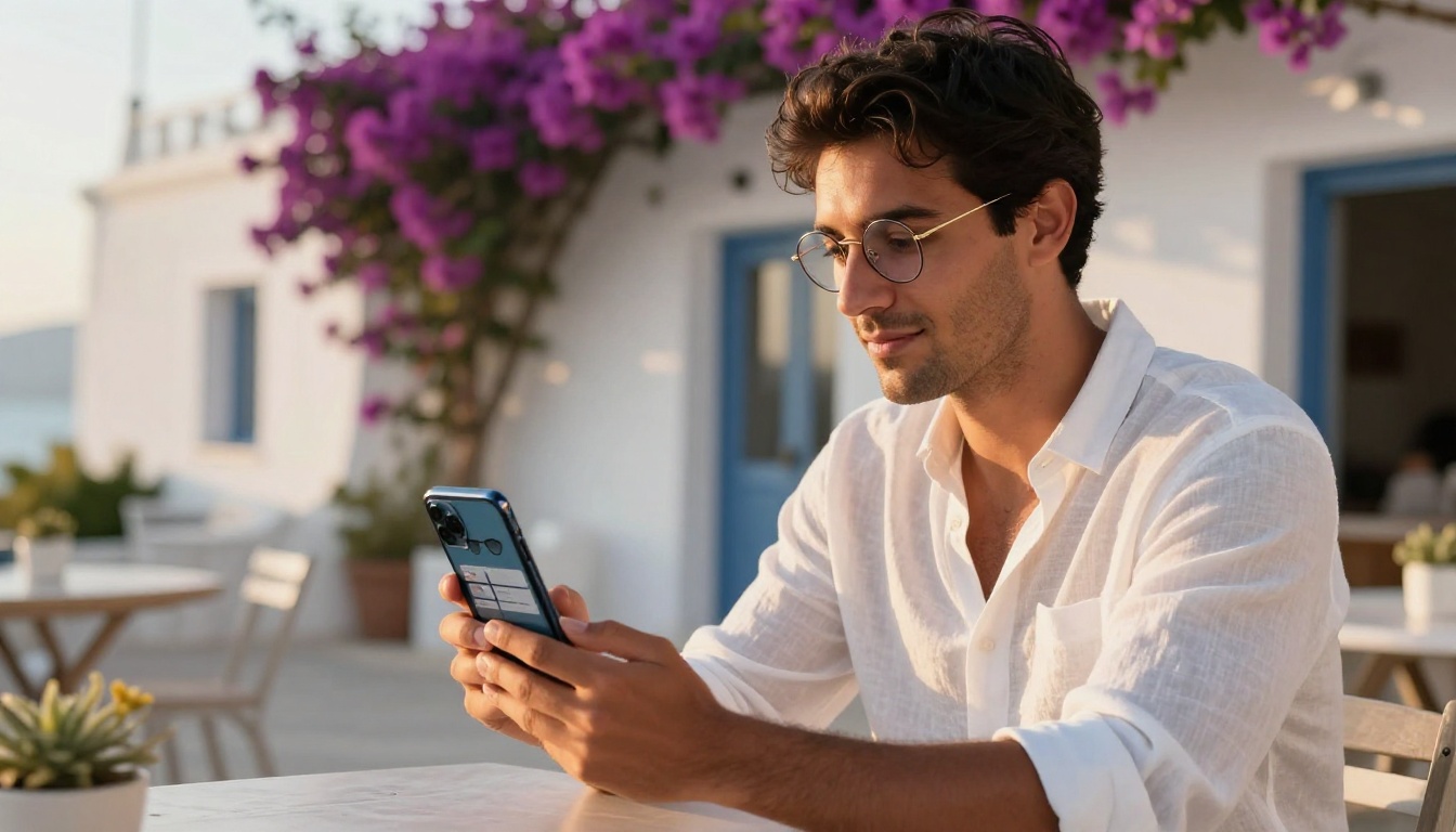 Man wearing round gold eyeglasses browsing digital catalog on smartphone at a Mediterranean terrace
