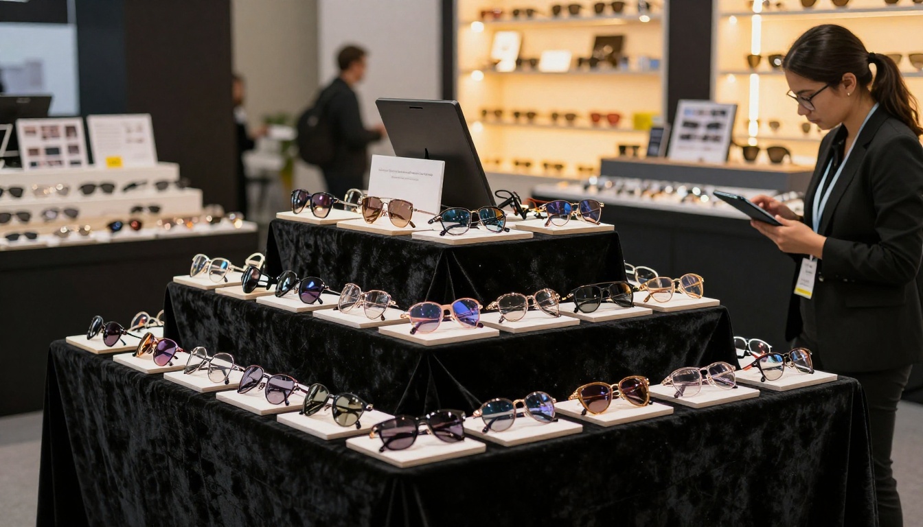 Wholesale eyewear trade show booth with frames on tiered display stands and sales rep reviewing digital tablet