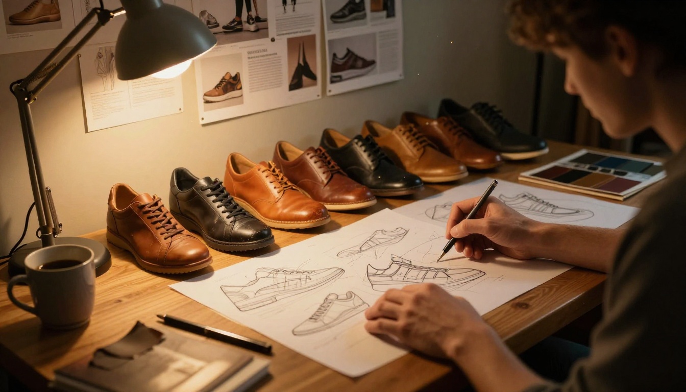 A shoe designer sitting at a wide wooden drafting table covered in technical sketches of sneaker silhouettes and leather swatches, warm incandescent desk lamp casting golden light