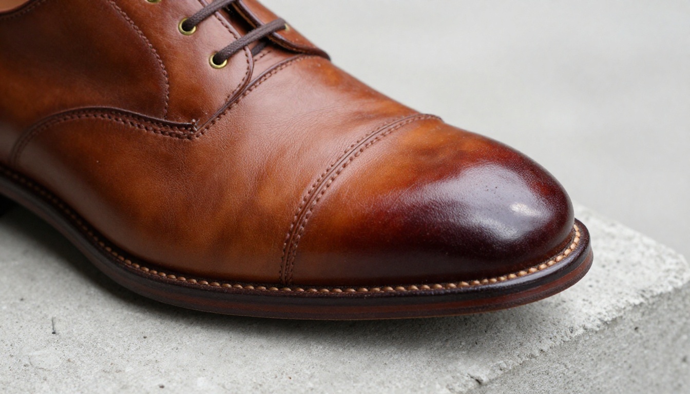 Extreme close-up macro of a pair of premium hand-stitched cognac leather Oxford shoes on a raw concrete pedestal, diffused north-facing window light revealing every grain and burnishing mark