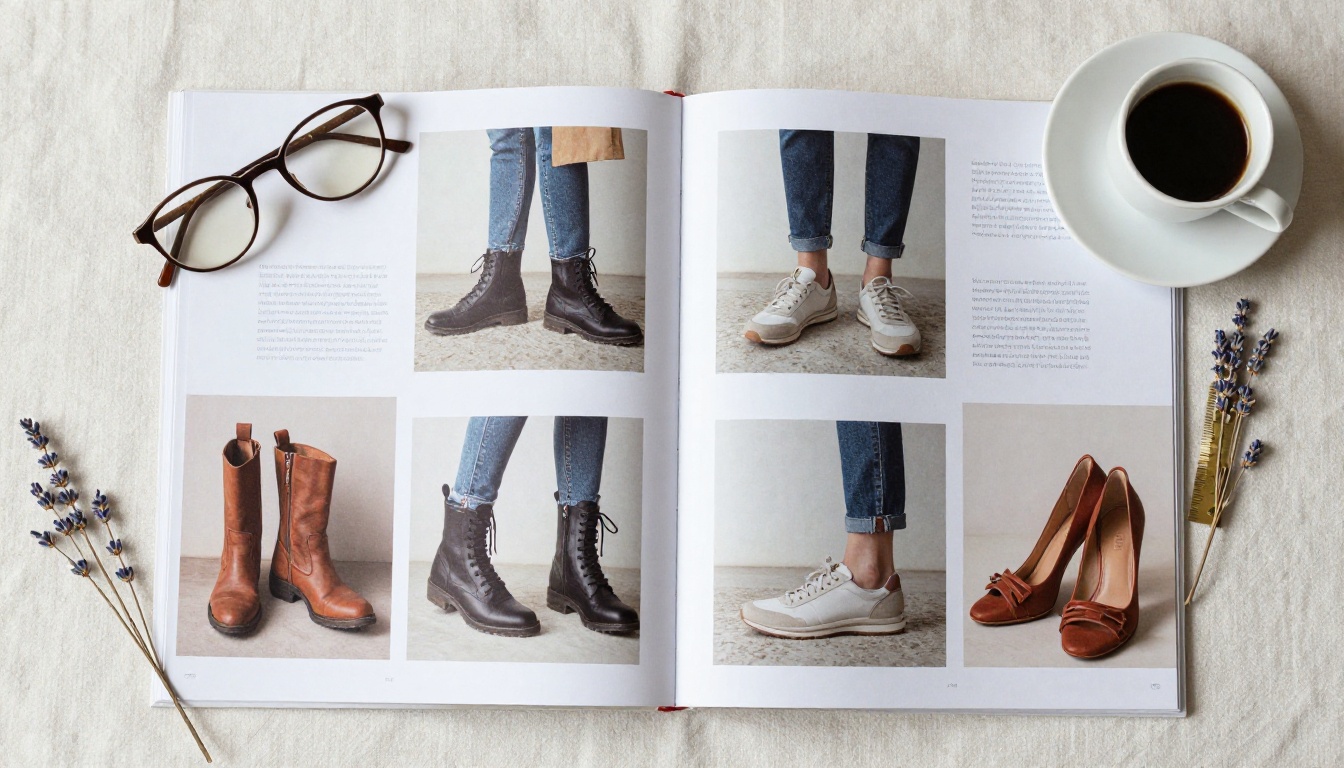 Overhead aerial flat-lay of an open shoe brand lookbook spread across a linen-covered table with espresso cup, dried lavender sprigs, and a brass ruler