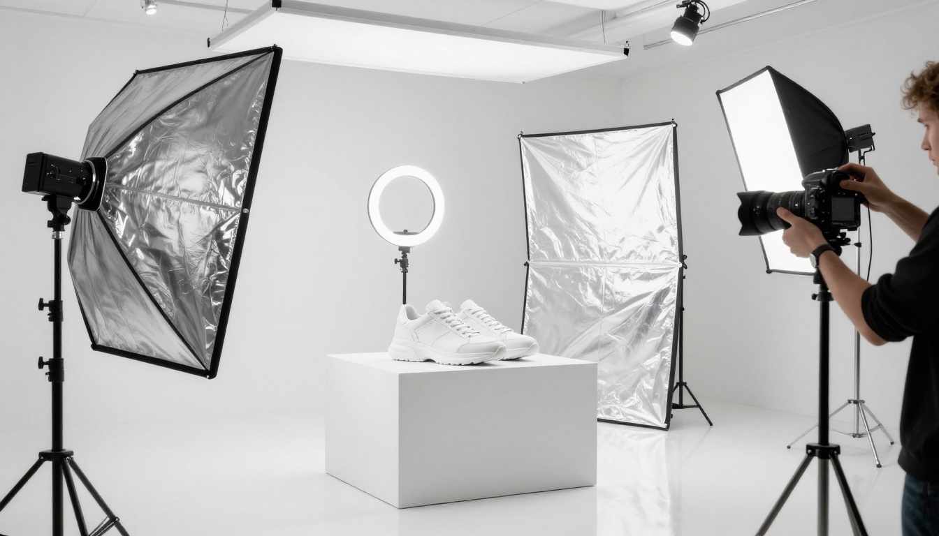 Behind-the-scenes of a professional shoe brand photo shoot in a minimalist all-white studio with silver reflectors, softboxes, and a medium-format camera on a heavy-duty tripod