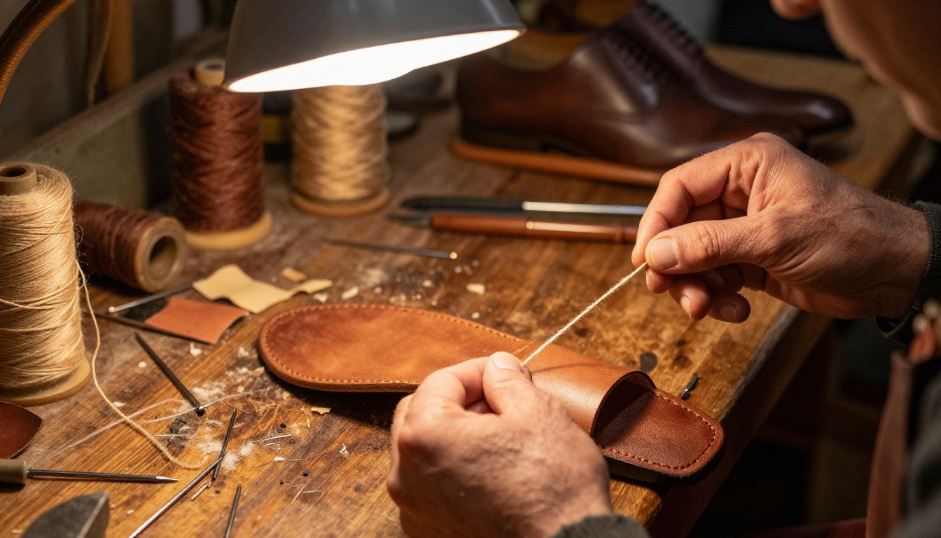 Close-up of a craftsman's hands stitching the welt of a dress shoe in a traditional cobbler workshop, tungsten lamp casting warm amber glow over scattered awls and waxed thread