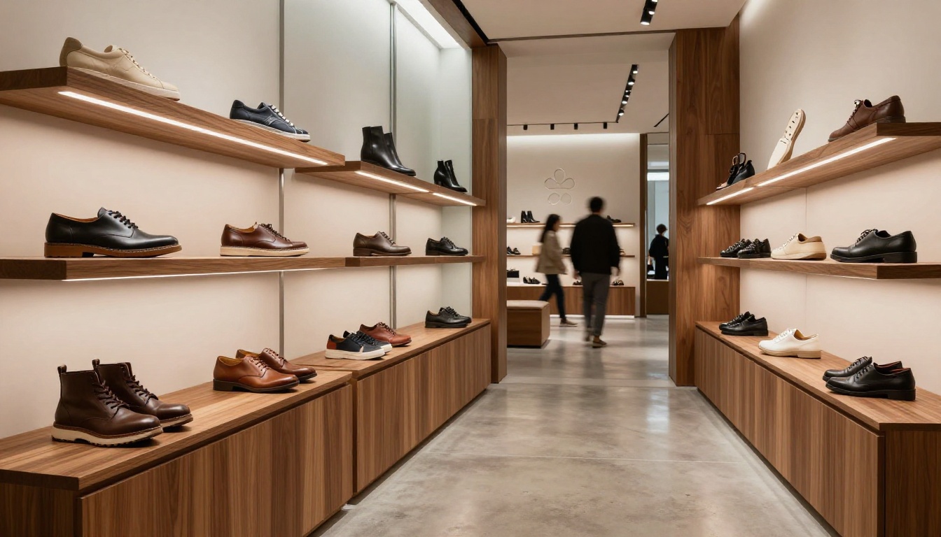 Interior of a sophisticated minimalist shoe boutique with warm walnut shelving displaying curated leather shoes and sneakers, recessed spotlights illuminating each pair individually