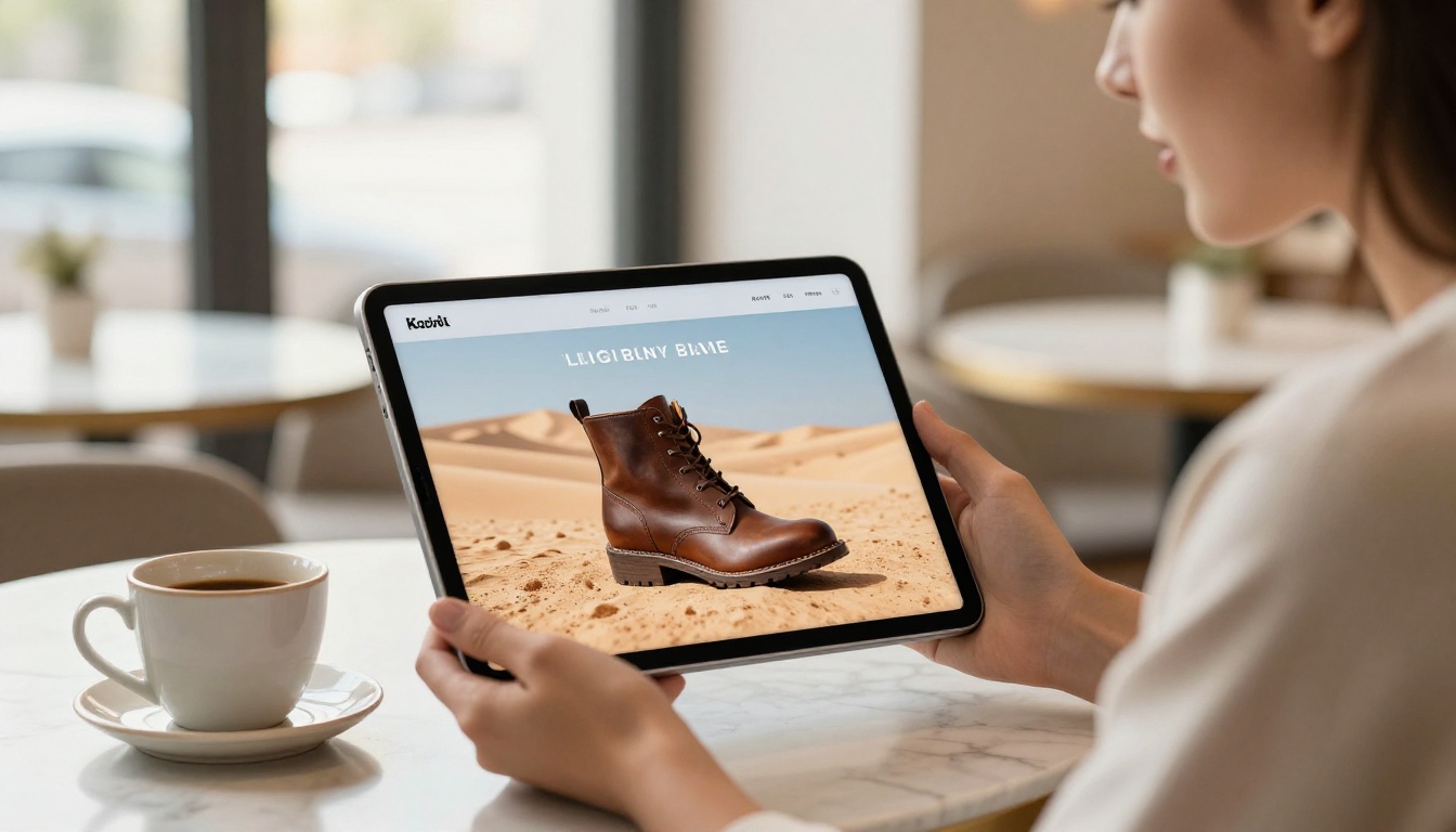 A stylish young woman in a bright airy cafe holding a slim tablet displaying an interactive digital shoe brand lookbook, natural window light from the left, warm cafe atmosphere