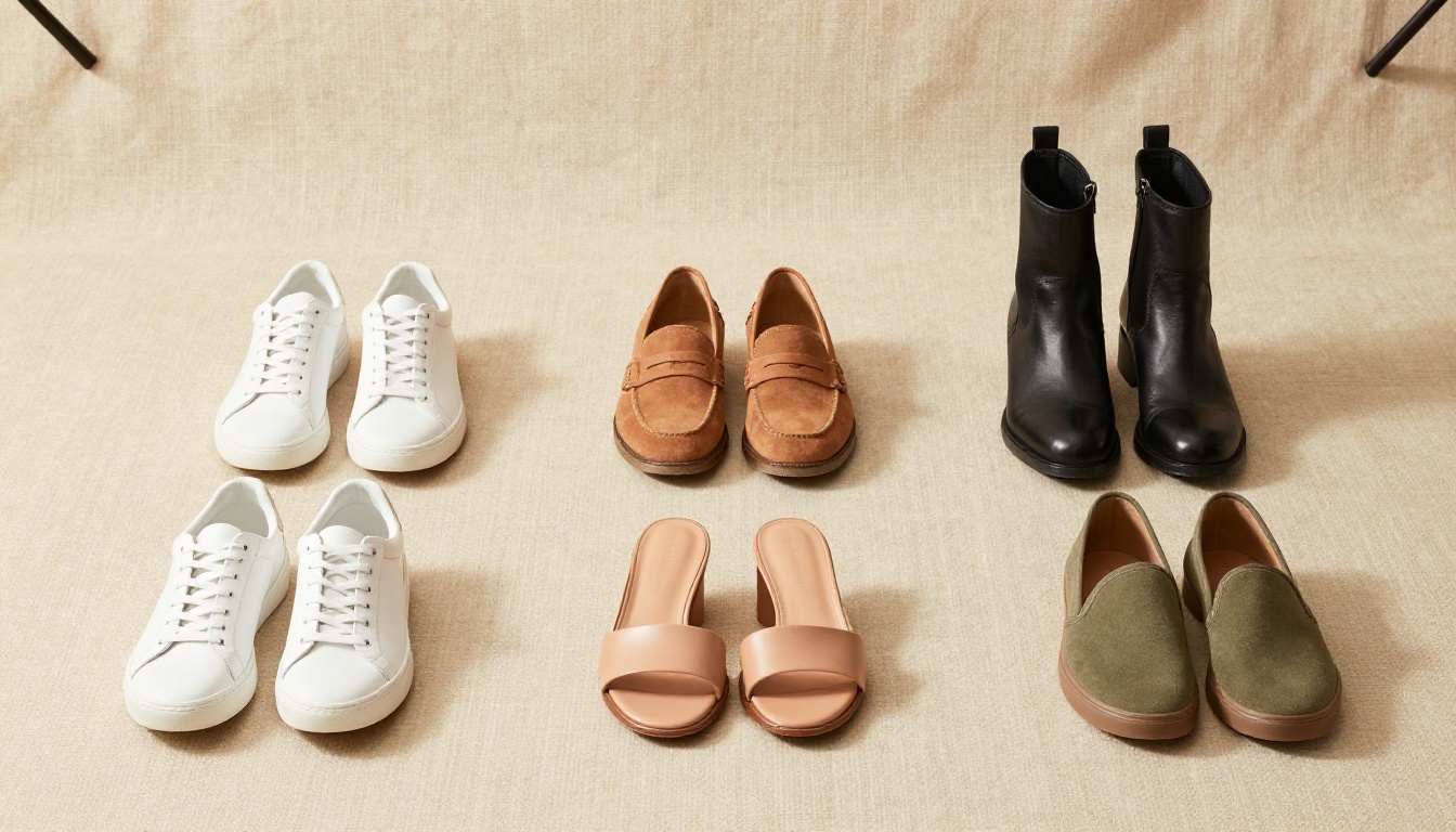 Beautifully arranged flat-lay of an entire seasonal shoe collection on sand-colored linen backdrop, six pairs including white leather sneakers, camel suede loafers, and cognac leather Derbies shot from directly above with even studio lighting