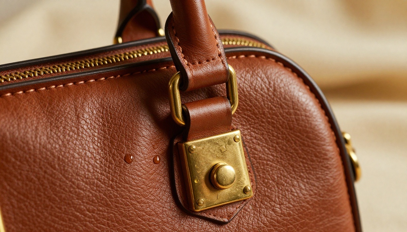 Luxury handbag hardware close-up with brass turn-lock clasp on cognac full-grain leather