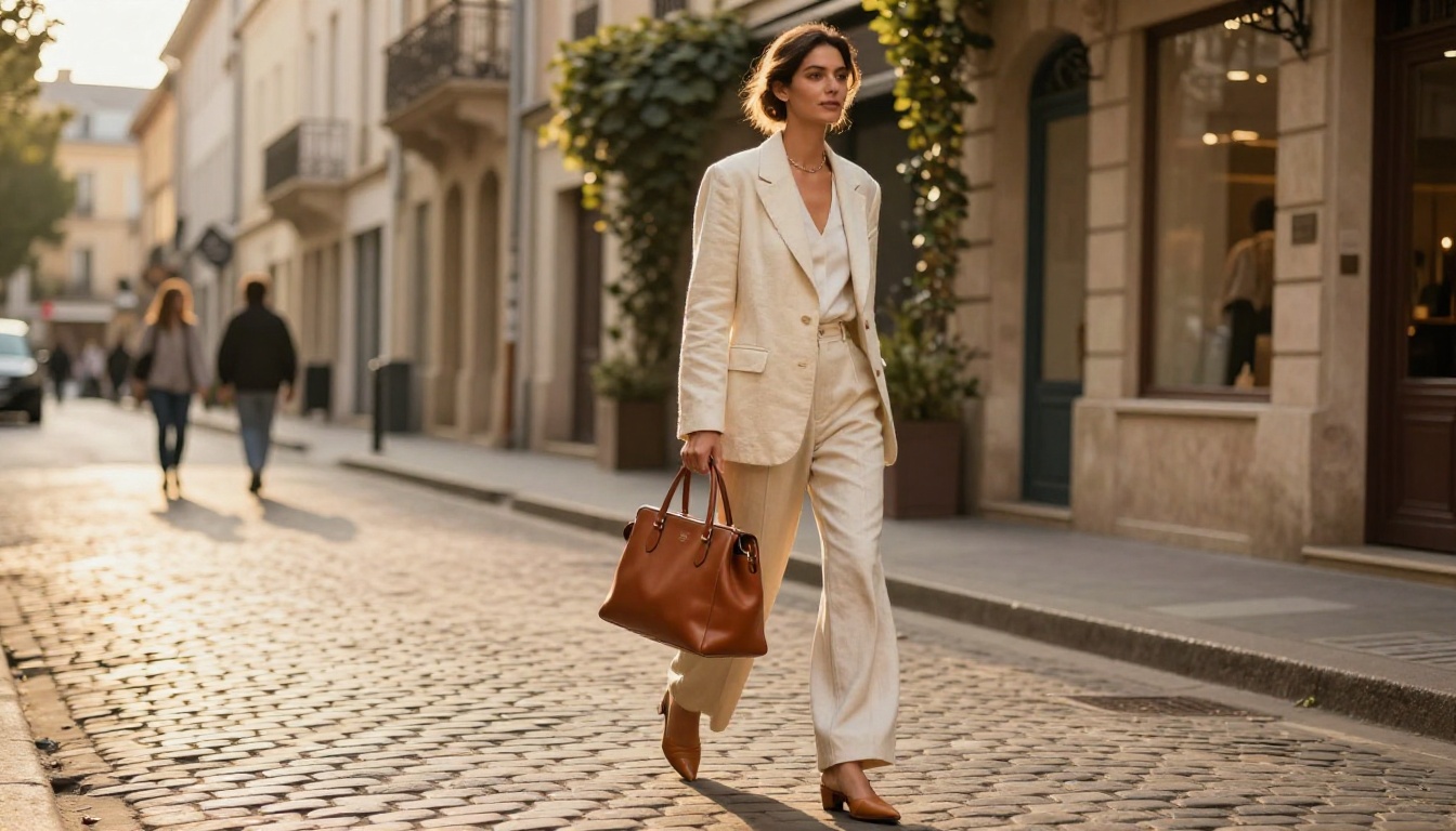 Woman walking European cobblestone street confidently carrying cognac top-handle tote