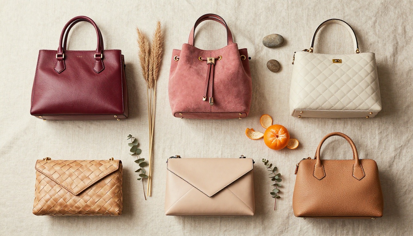 Aerial flat lay of six luxury handbag styles arranged on textured cream linen surface
