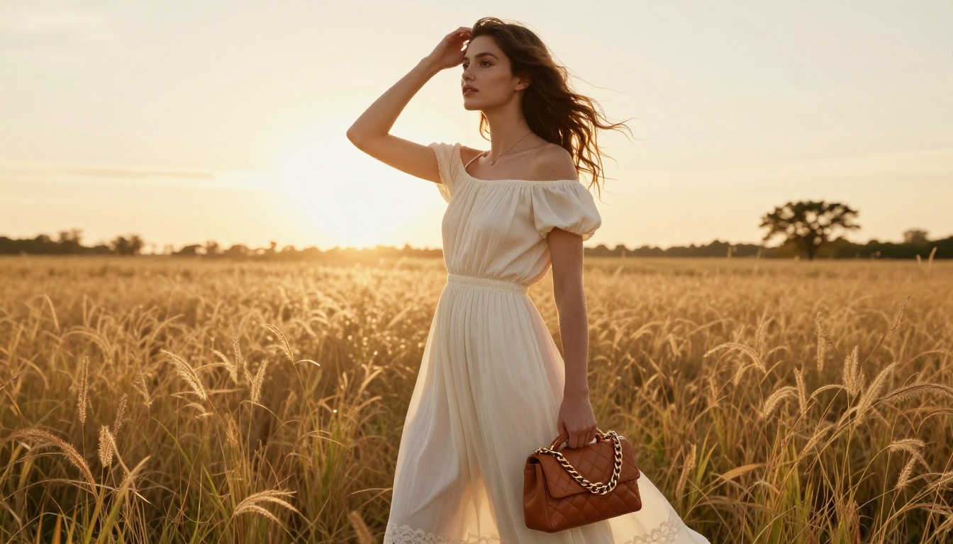 Model in ivory maxi dress holding quilted caramel leather handbag in golden hour field