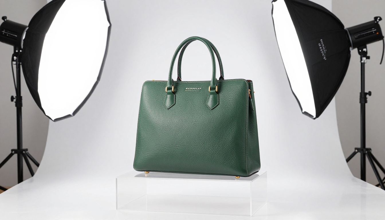 Professional photography studio setup with forest green pebbled leather handbag on acrylic pedestal