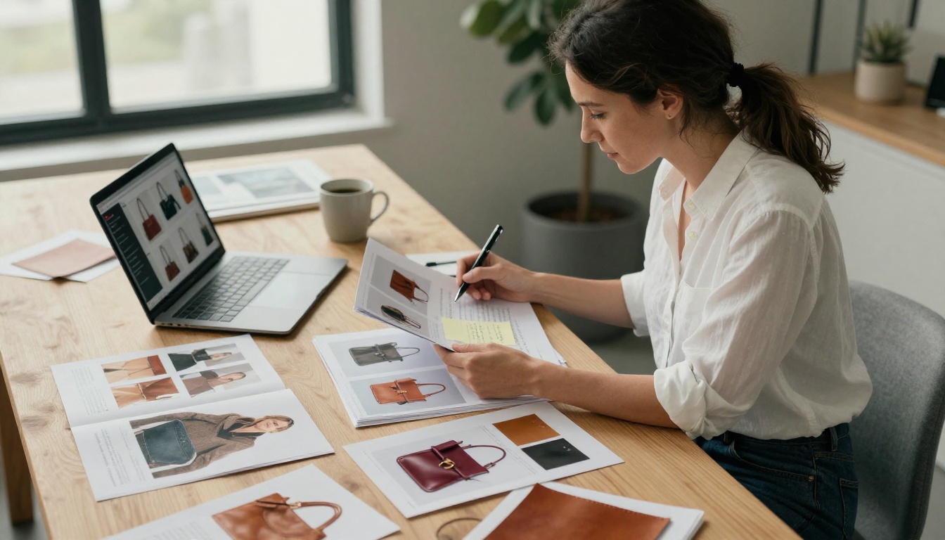 Fashion designer reviewing printed handbag lookbook spreads at studio worktable