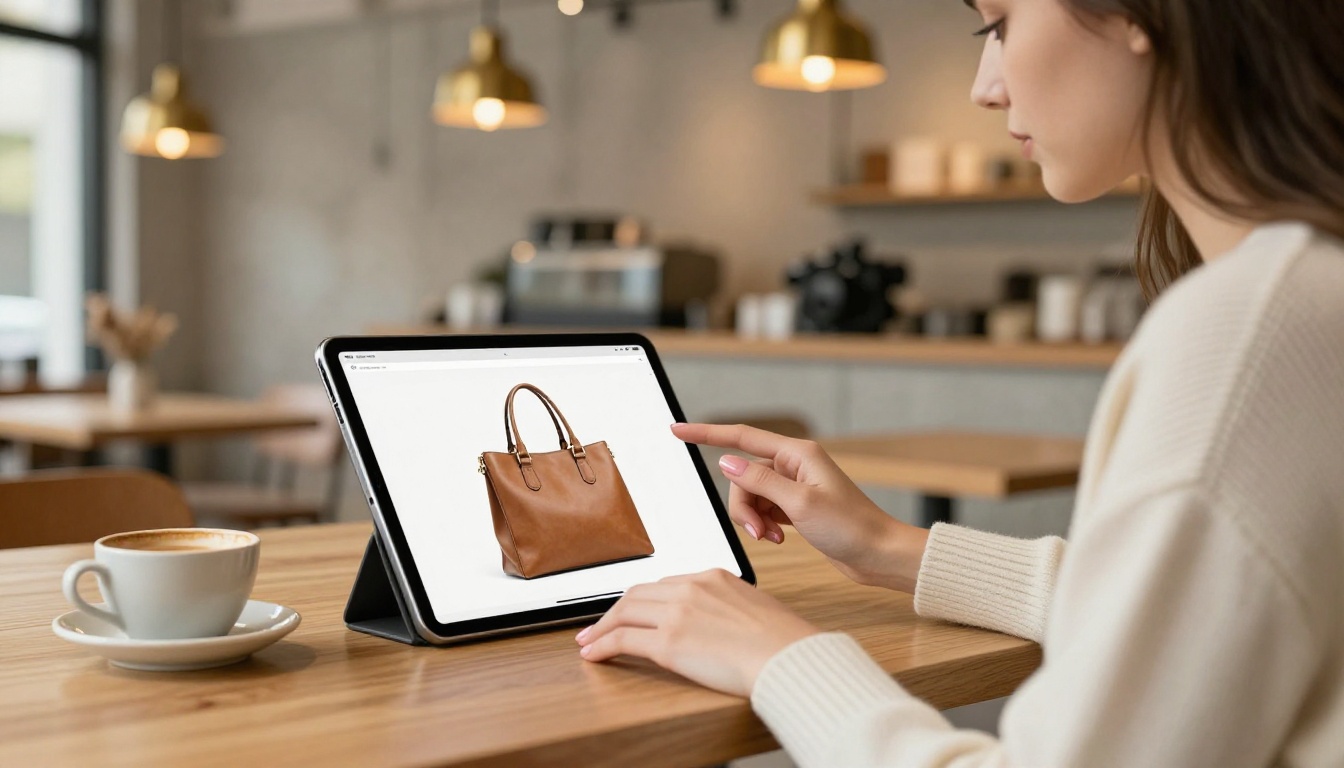 Young woman browsing interactive handbag lookbook on iPad in modern minimalist cafe