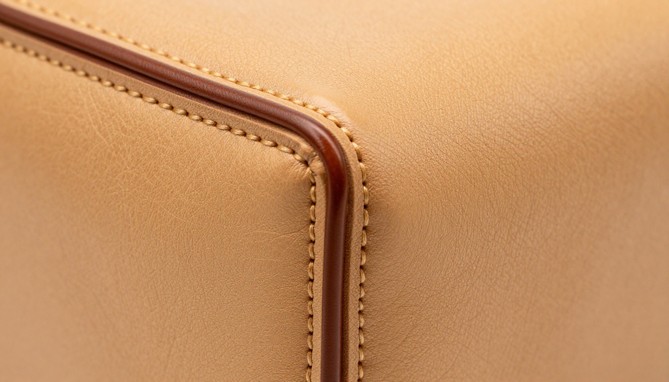 Ultra close-up macro of hand saddle stitching and burnished leather edge on Italian leather handbag