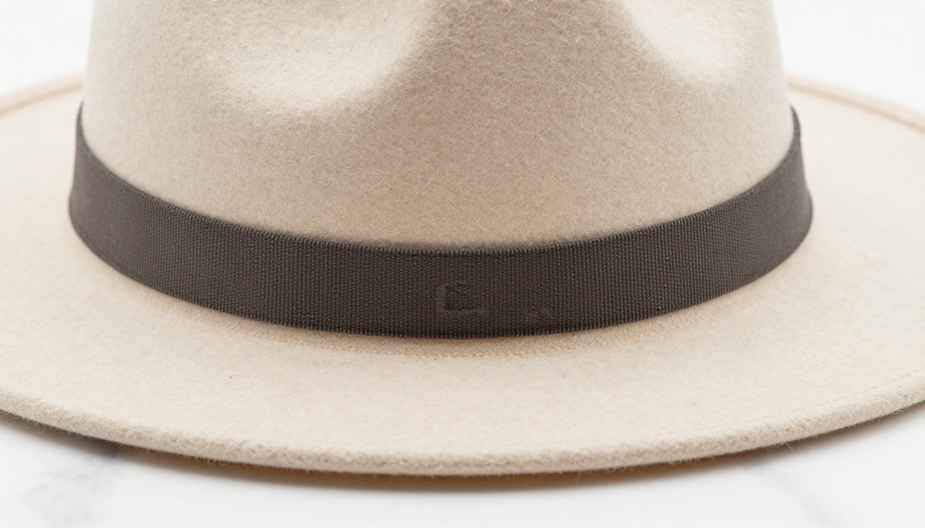 Close-up macro shot of a premium wide-brim fedora showing intricate stitching and wool felt texture on white marble