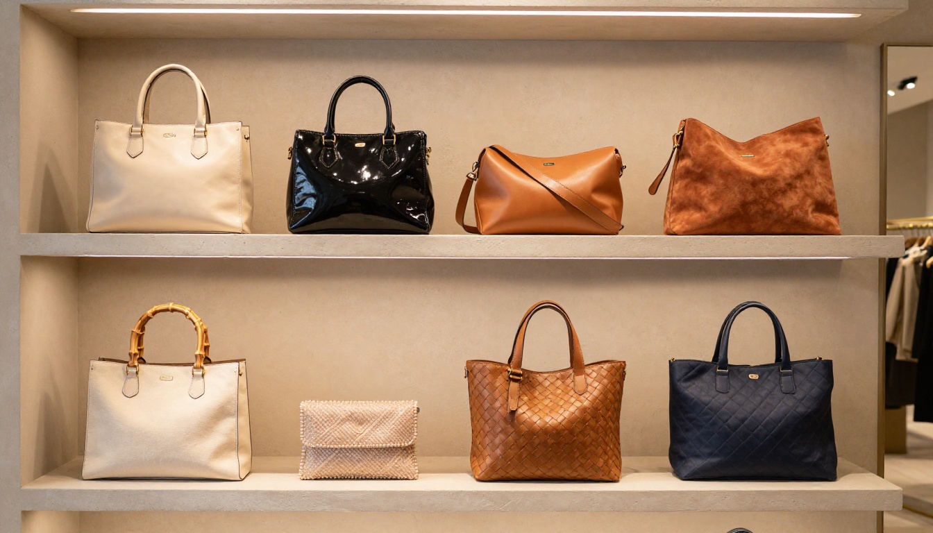 Eight luxury handbags in varied styles displayed on boutique wall shelving in warm ambient lighting