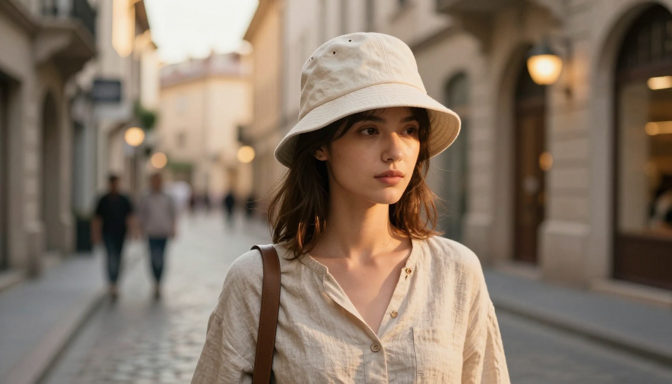 Stylish young woman in a structured cream bucket hat on a sunlit European cobblestone street, fashion editorial