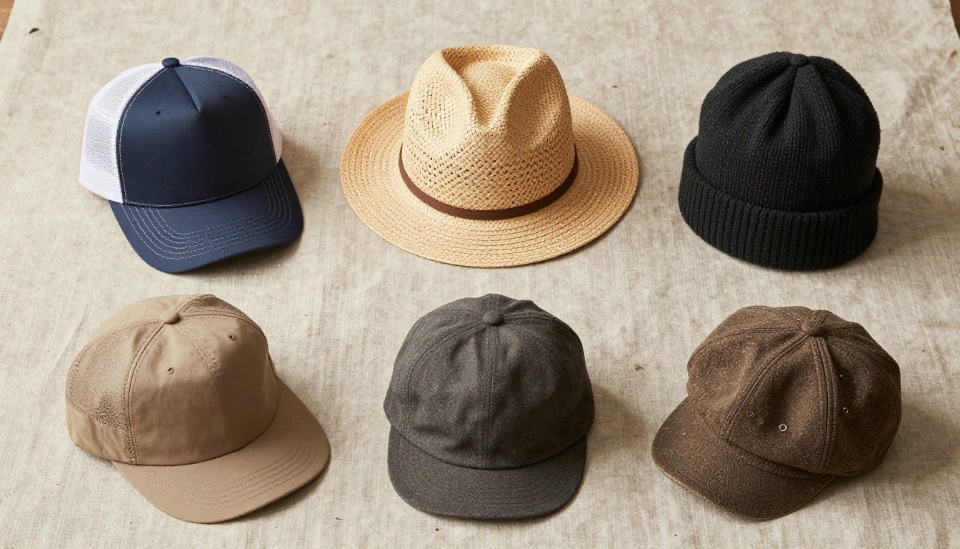 Hat brand collection flat lay showing five different hat styles arranged on natural linen fabric