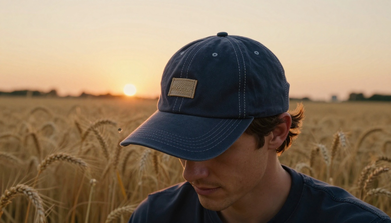 Male model in a dark navy vintage baseball cap in golden wheat fields at amber sunset, editorial fashion photography