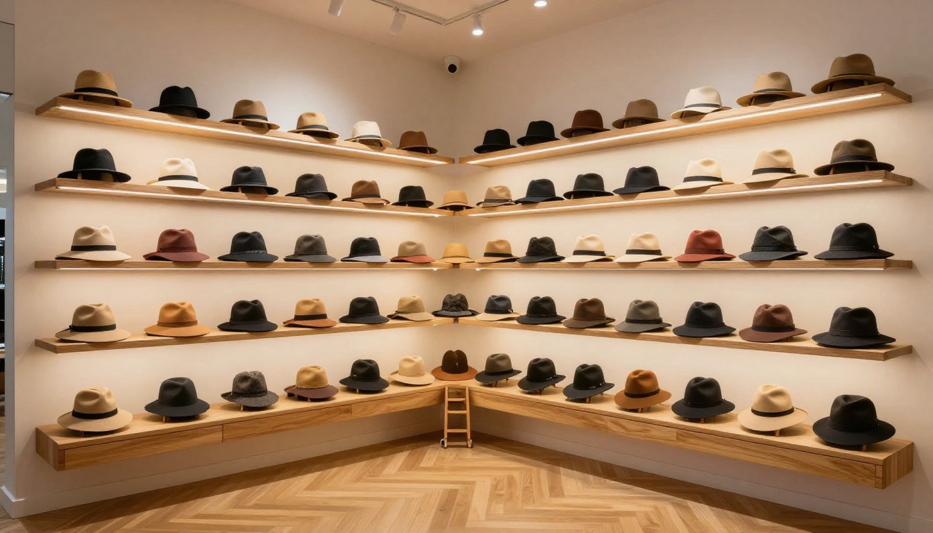 Retail boutique hat display wall with wooden peg mounts and warm overhead spotlights on a herringbone parquet floor