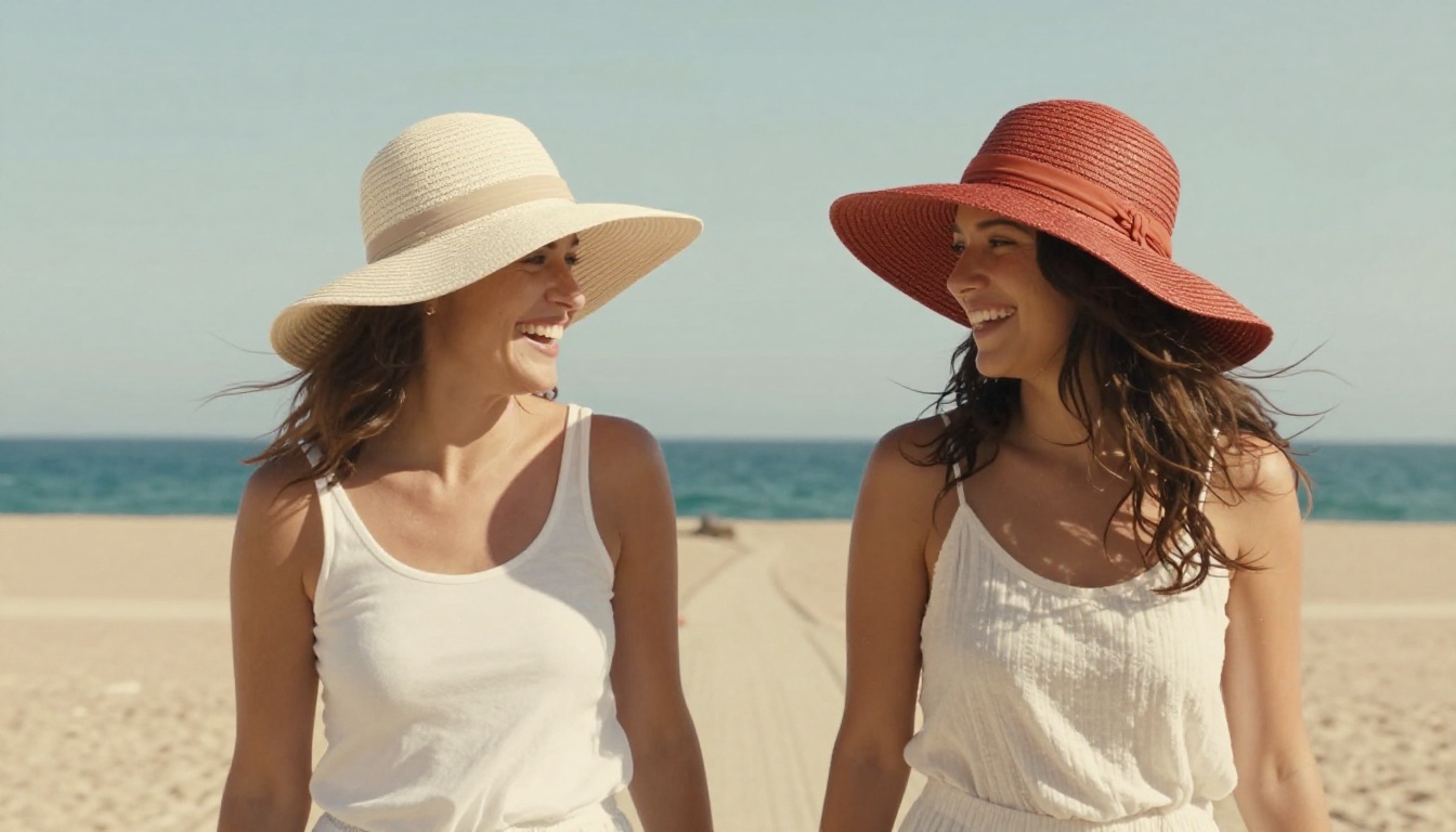 Two women wearing matching wide-brim raffia sun hats in ivory and terracotta walking along a sun-bleached ocean boardwalk