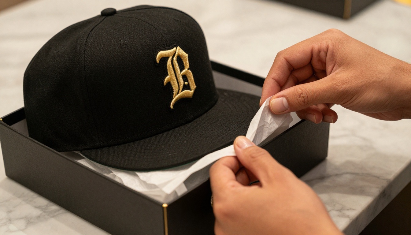 Hands carefully packaging a premium black snapback hat into a matte branded hat box with gold foil debossed details