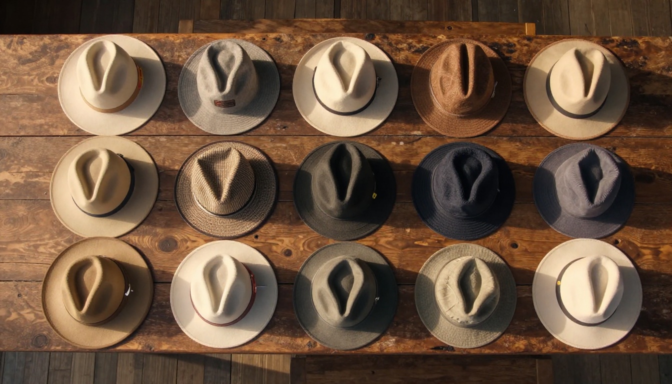 Aerial overhead view of a full hat collection arranged by style in rows on a rustic farmhouse table with warm morning light