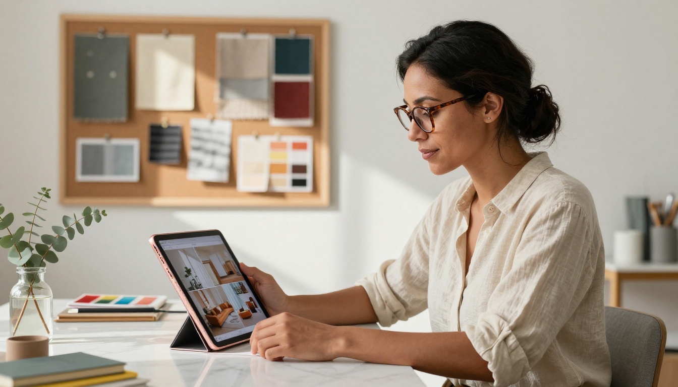 Interior designer reviewing a digital home decor catalog on an iPad