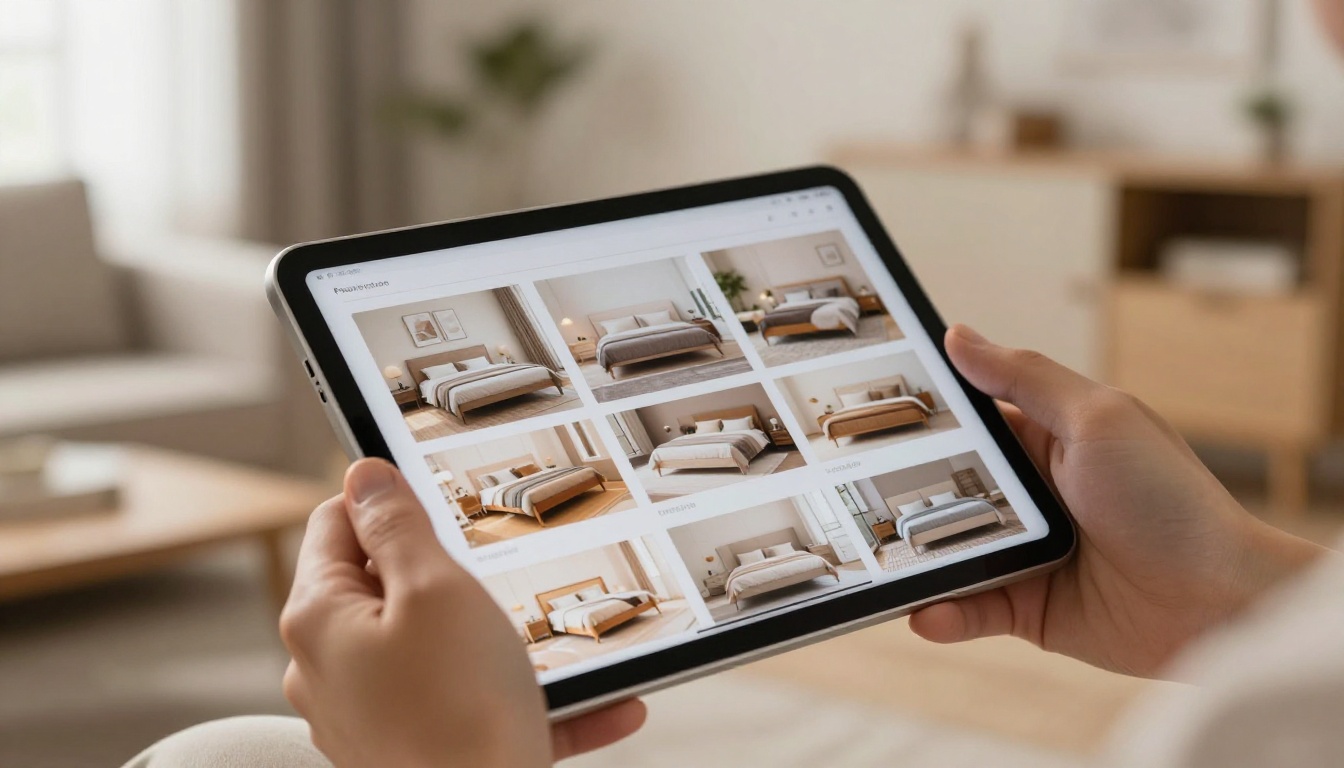 Hands holding a tablet displaying an interactive furniture catalog flipbook with visible page-turn animation