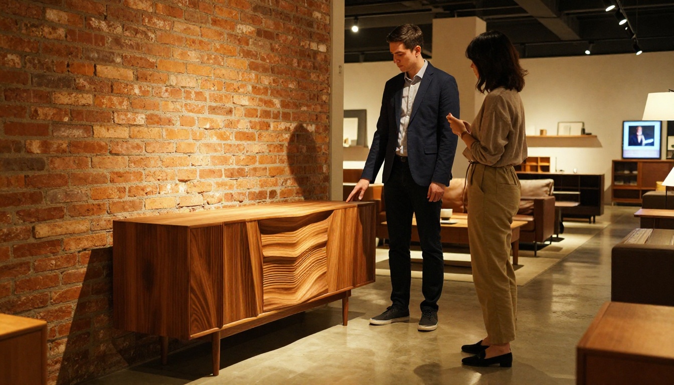 Interior of a modern furniture showroom with a sales associate and customer examining a sculptural walnut sideboard together