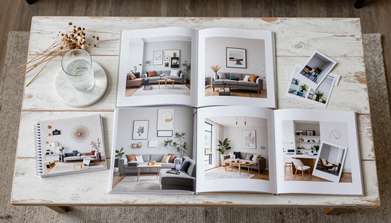 Aerial flat-lay of a home decor lookbook spread on a coffee table
