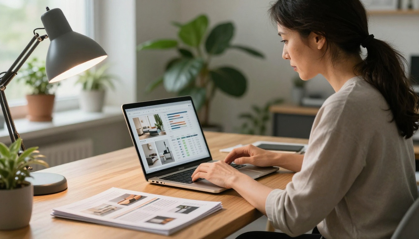 A professional woman reviewing sales analytics on a laptop with a printed furniture brochure beside her on the desk