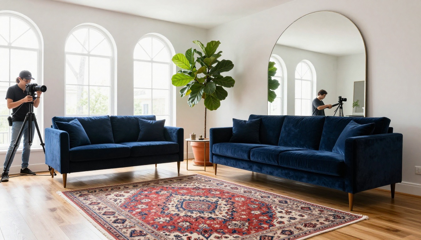 A beautifully styled modern living room prepared for a catalog photoshoot