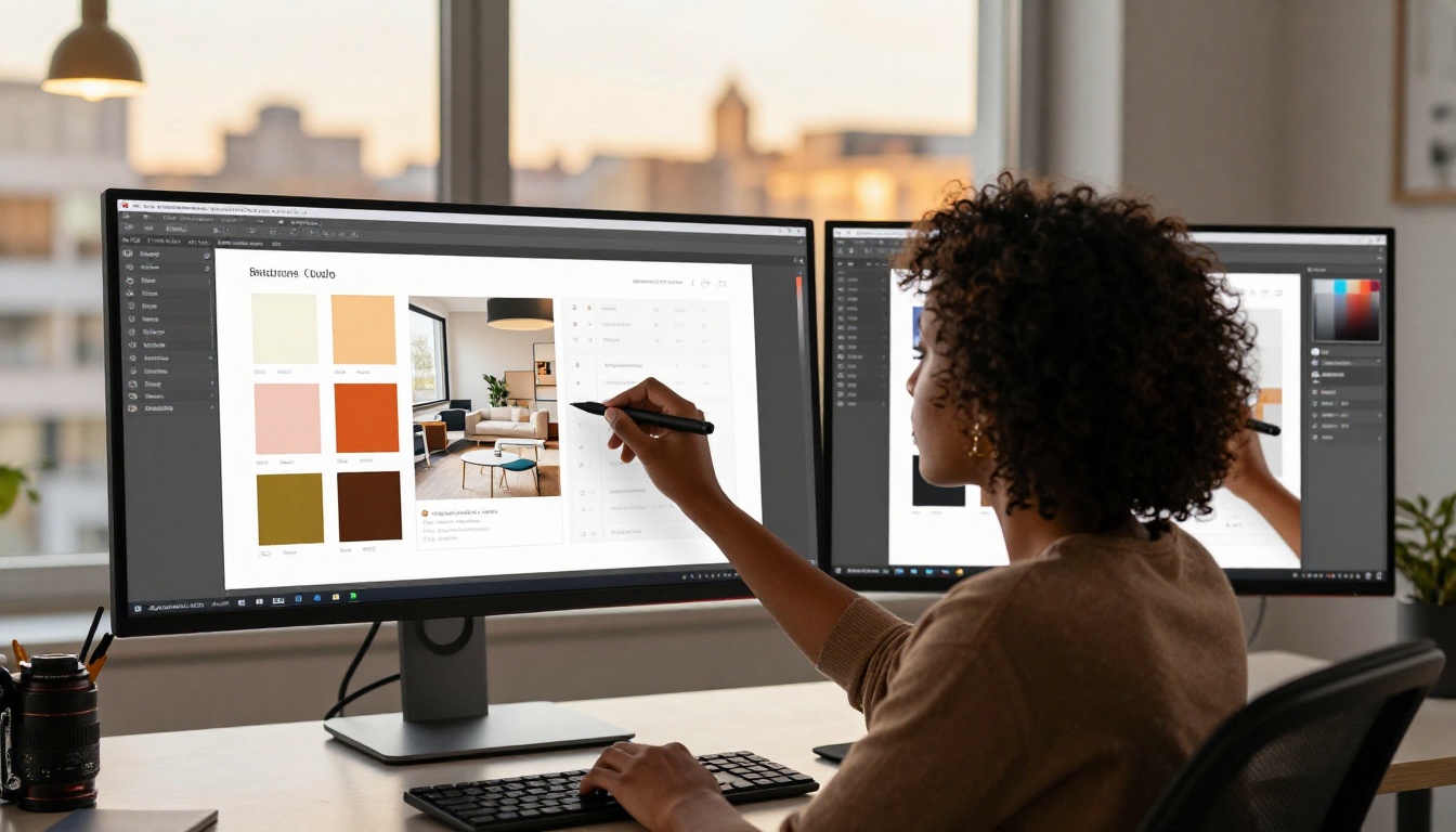 Graphic designer customizing brand colors for a digital home decor catalog