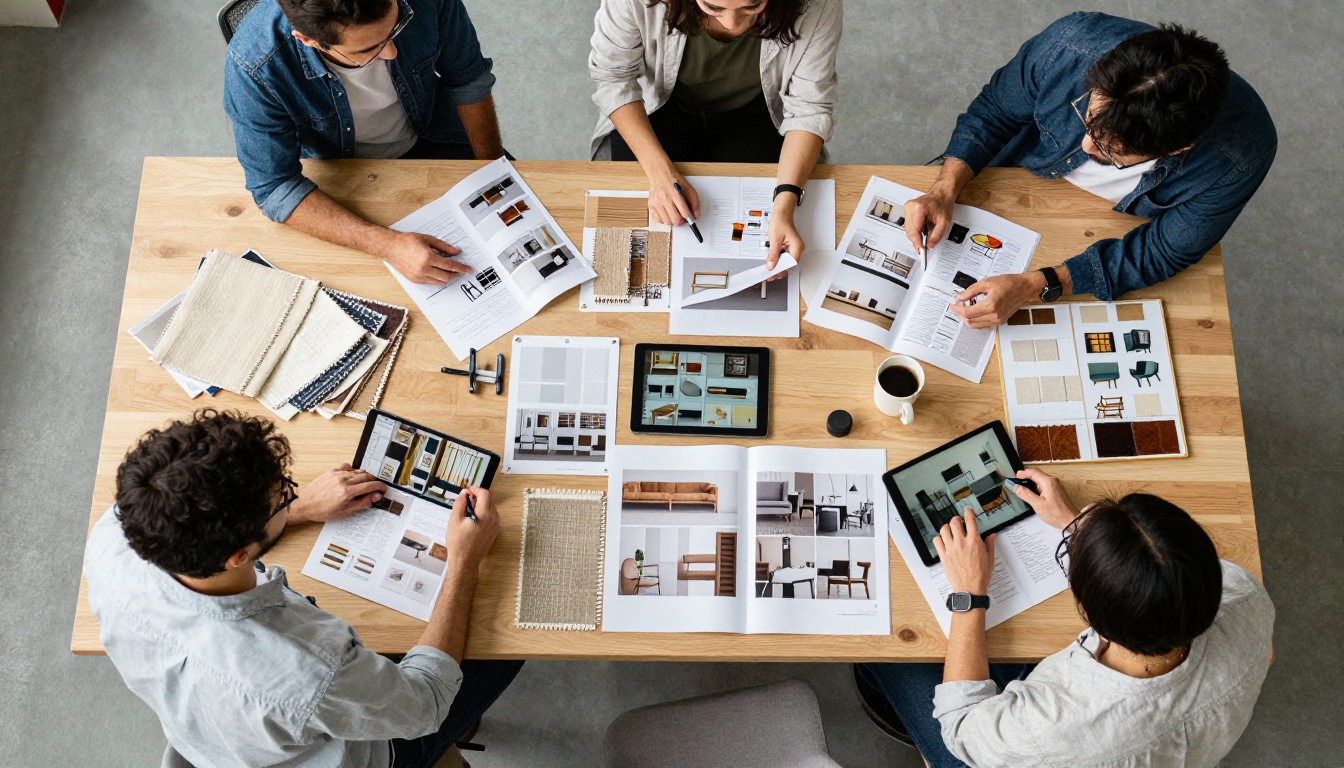 Aerial top-down view of a creative team reviewing furniture catalog printouts and digital tablets with fabric swatches on a large oak table