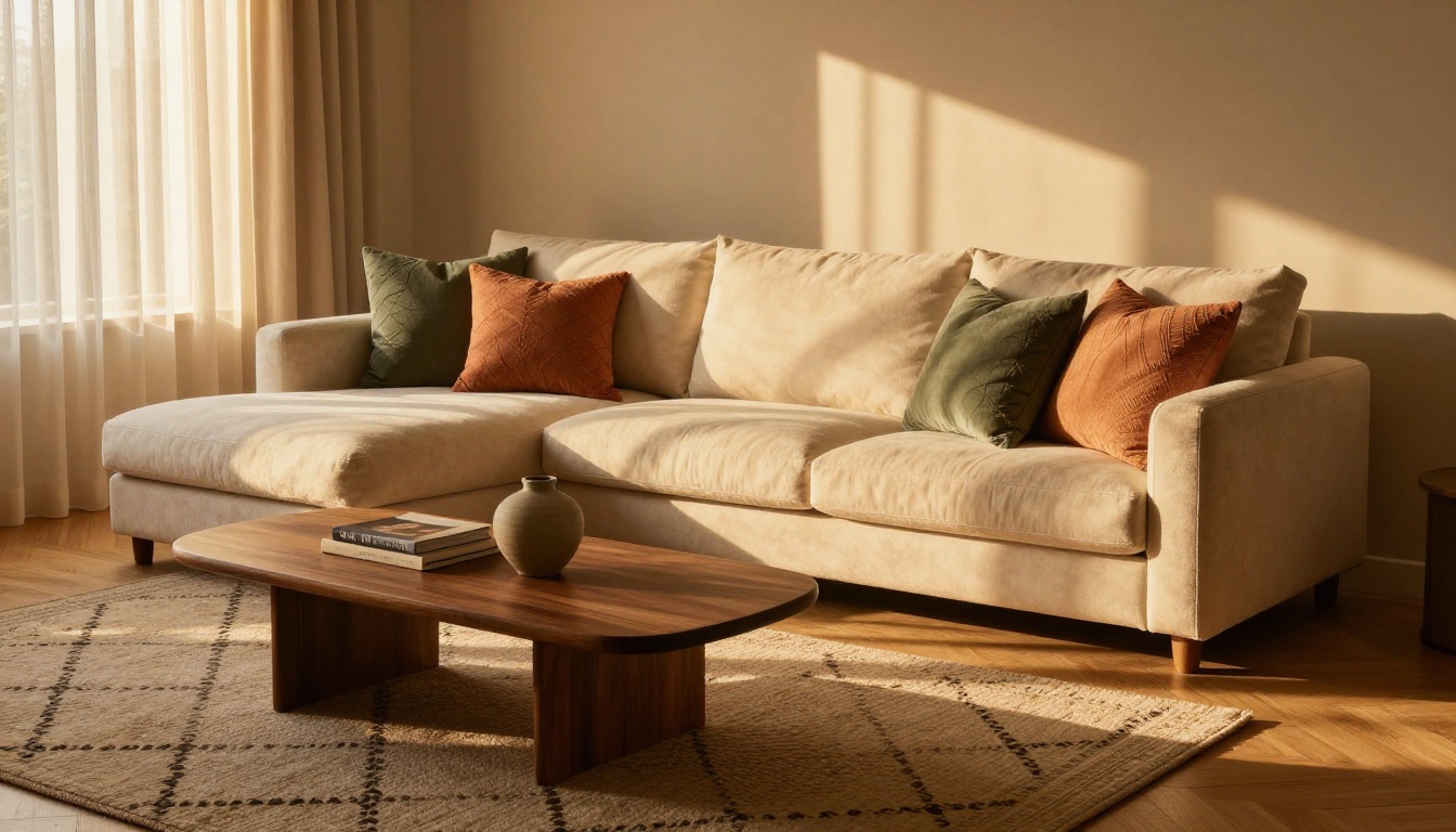 A luxury living room with a cream sectional sofa, walnut coffee table, and textured pillows bathed in golden hour light