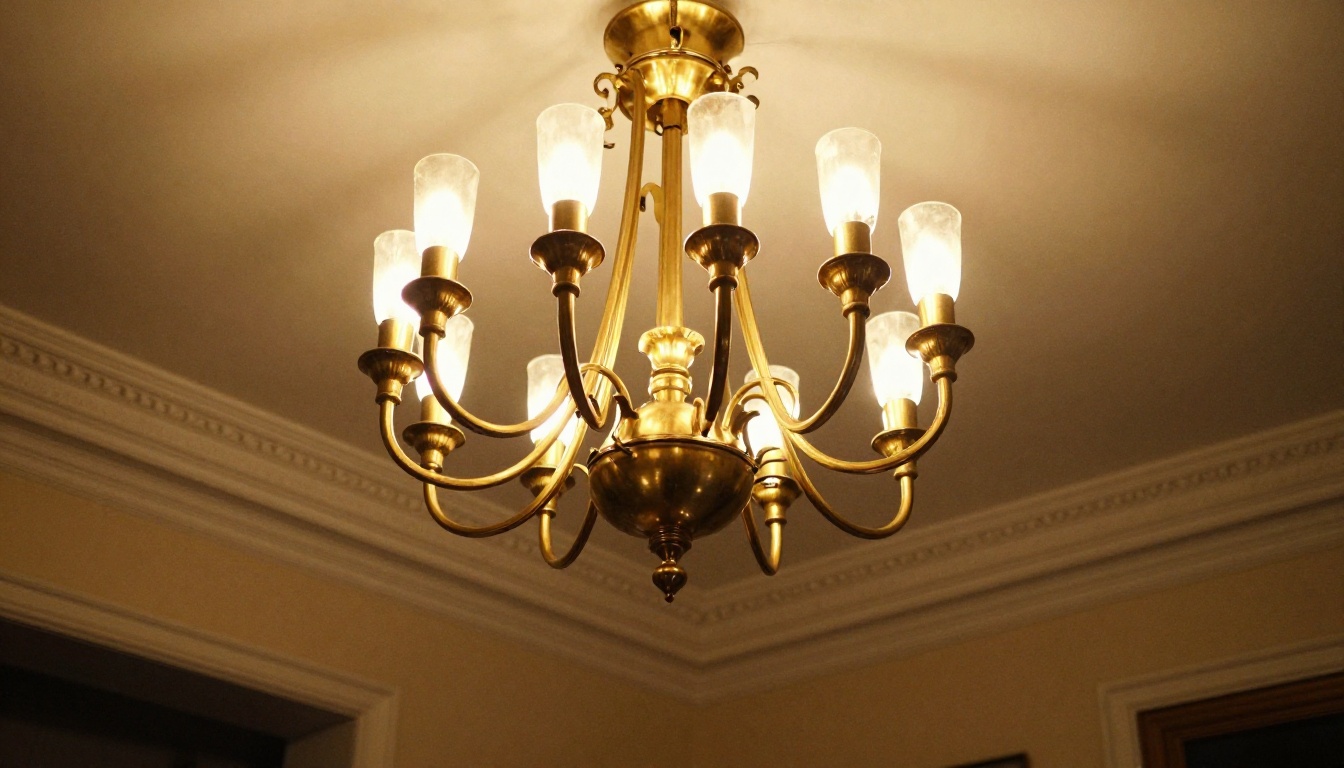 Brushed brass chandelier in luxury living room, low angle shot