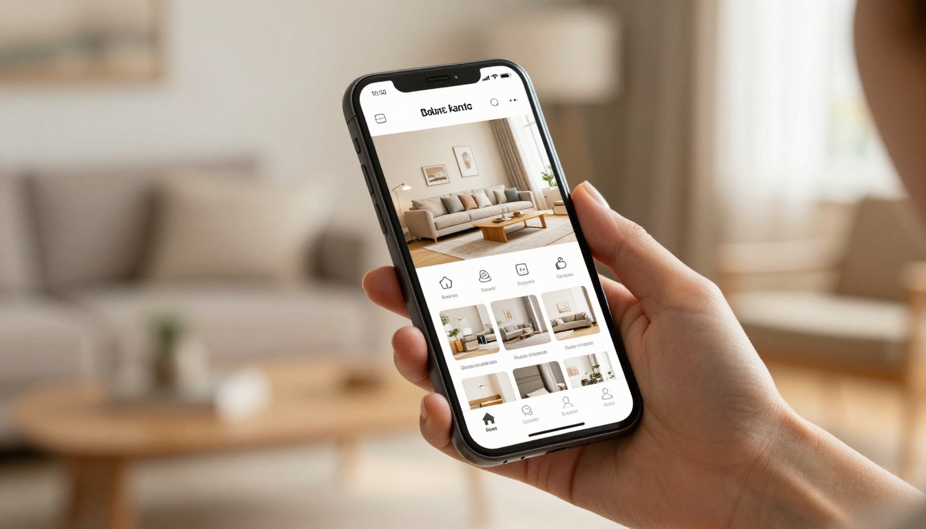 A woman's hand holding a smartphone displaying a furniture brand digital catalog with social media sharing interface visible A woman's hand holding a smartphone displaying a furniture brand digital catalog with social media sharing interface visible