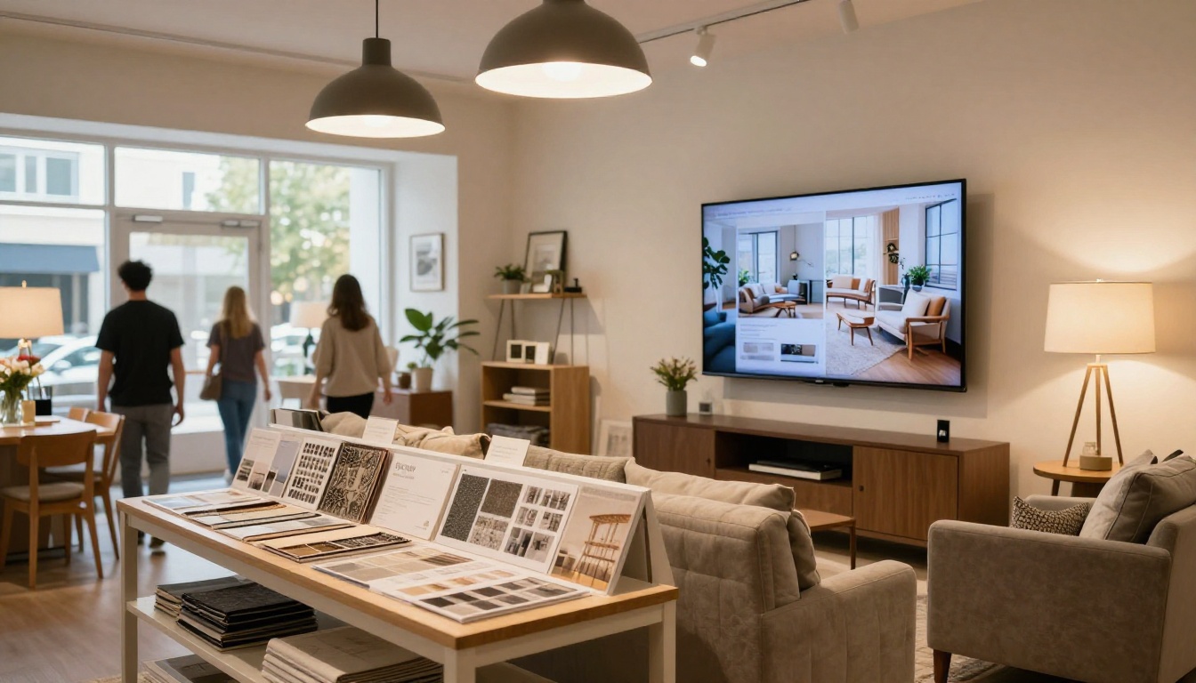 A bright modern home decor retail showroom with a digital catalog display