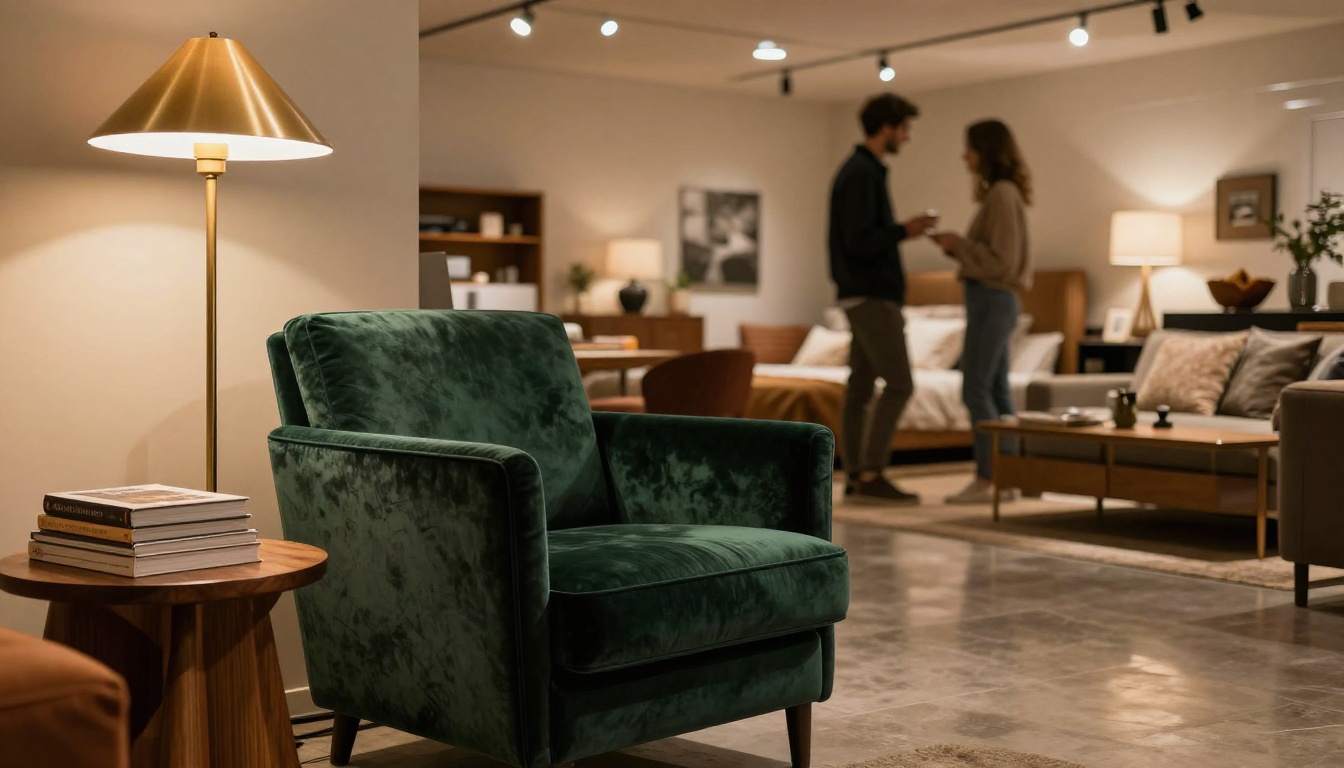 A high-end furniture showroom evening scene with an emerald velvet armchair, brass floor lamp, and a couple browsing in the soft background A high-end furniture showroom evening scene with an emerald velvet armchair, brass floor lamp, and a couple browsing in the soft background