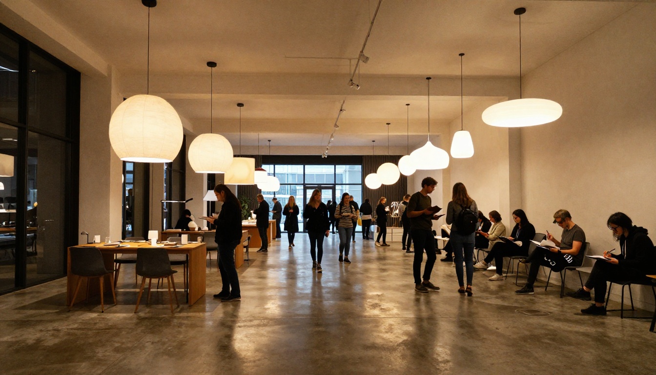 Sleek modern lighting showroom with pendant lights and floor lamps at varying heights Sleek modern lighting showroom with pendant lights and floor lamps at varying heights