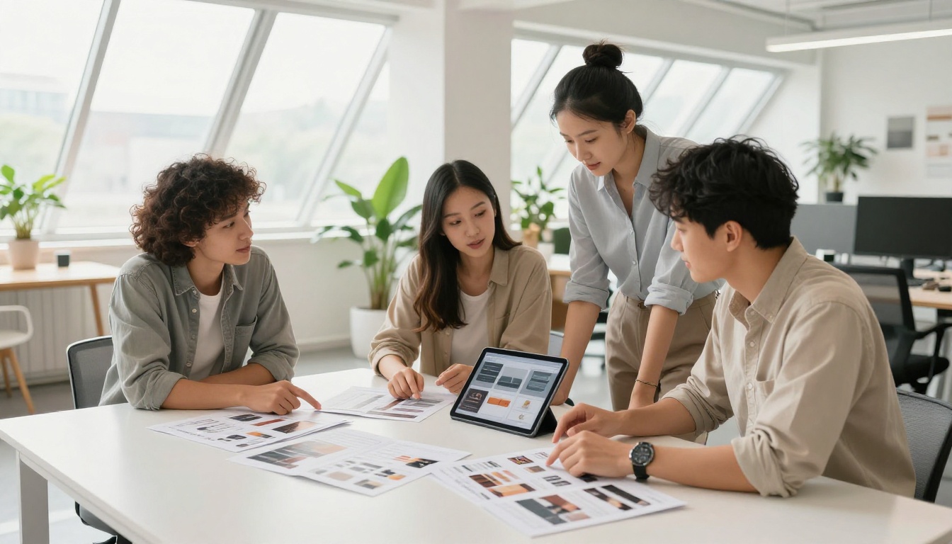 A furniture brand marketing team of three professionals comparing printed catalog spreads and a digital tablet version side by side A furniture brand marketing team of three professionals comparing printed catalog spreads and a digital tablet version side by side