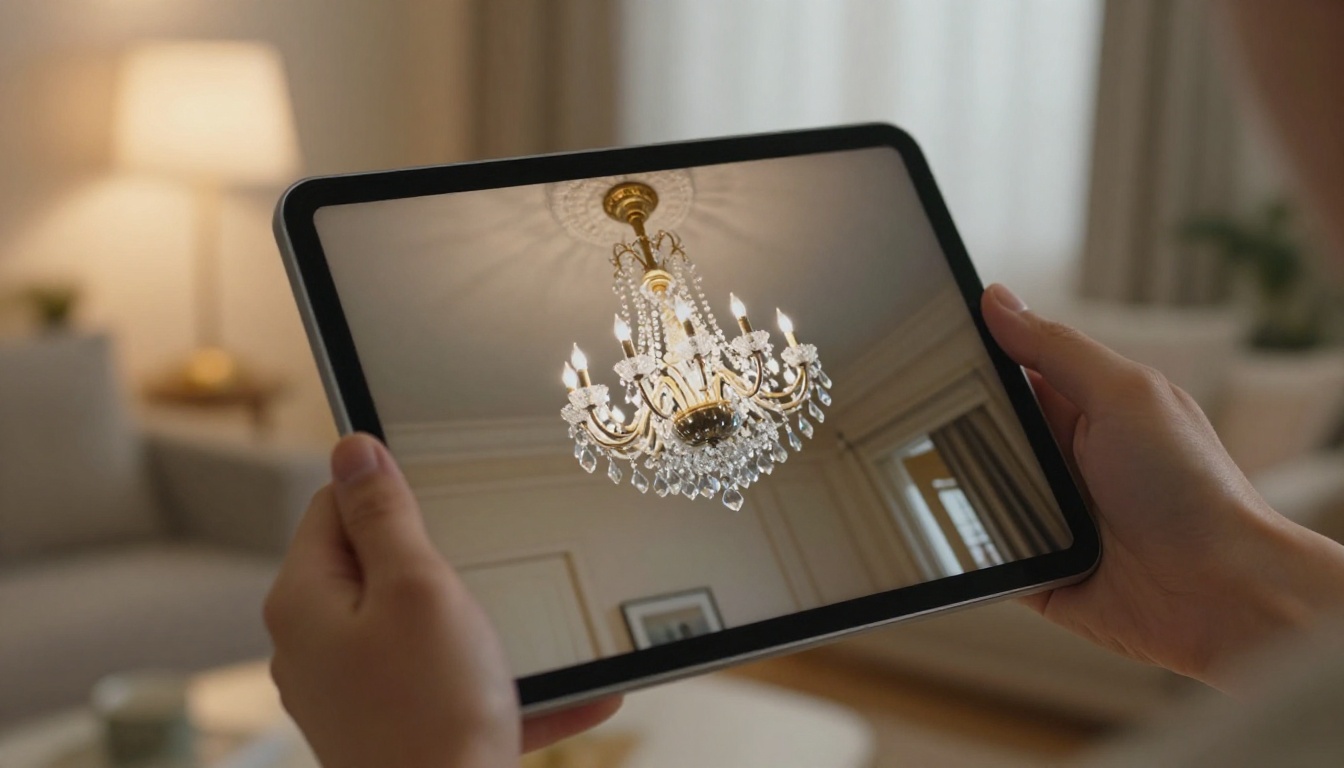 Elegant hand holding a tablet displaying a lighting brand flipbook mid page-turn Elegant hand holding a tablet displaying a lighting brand flipbook mid page-turn
